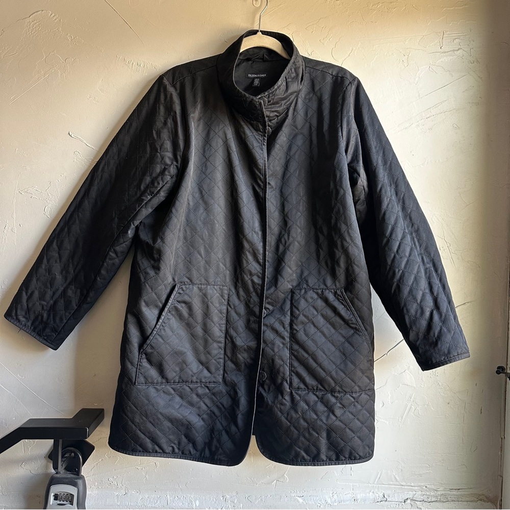 Eileen Fisher Jacket Quilted Diamond Button Snap‎ Collared Black Sz L Flawed